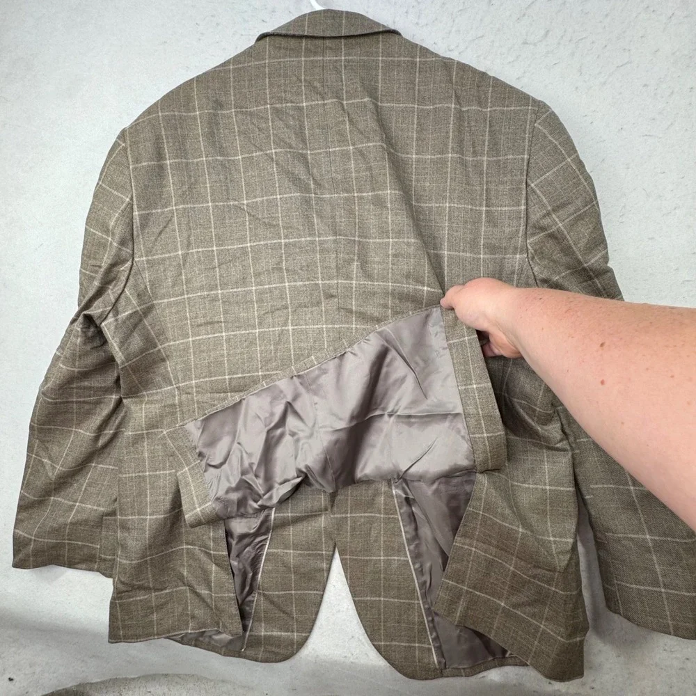 Jos. A. Bank Blazer Mens 50 Regular Tan Silk Wool Windowpane Plaid Signature